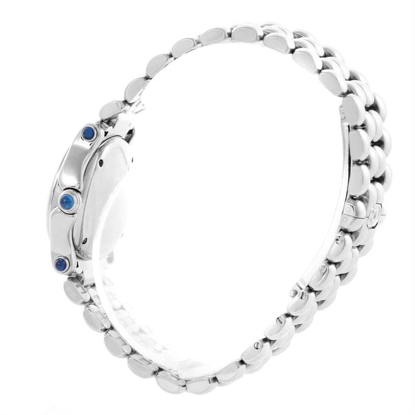 The image shows a side view of the Chopard 27/8250-23 Women's Stainless Steel Mother of Pearl Dial 27/8250-23 Women's Stainless Steel Mother of Pearl Dial Happy Sport Bleu Dial 5 Floating Diamonds Watch 27/8250-23, highlighting the case and strap.