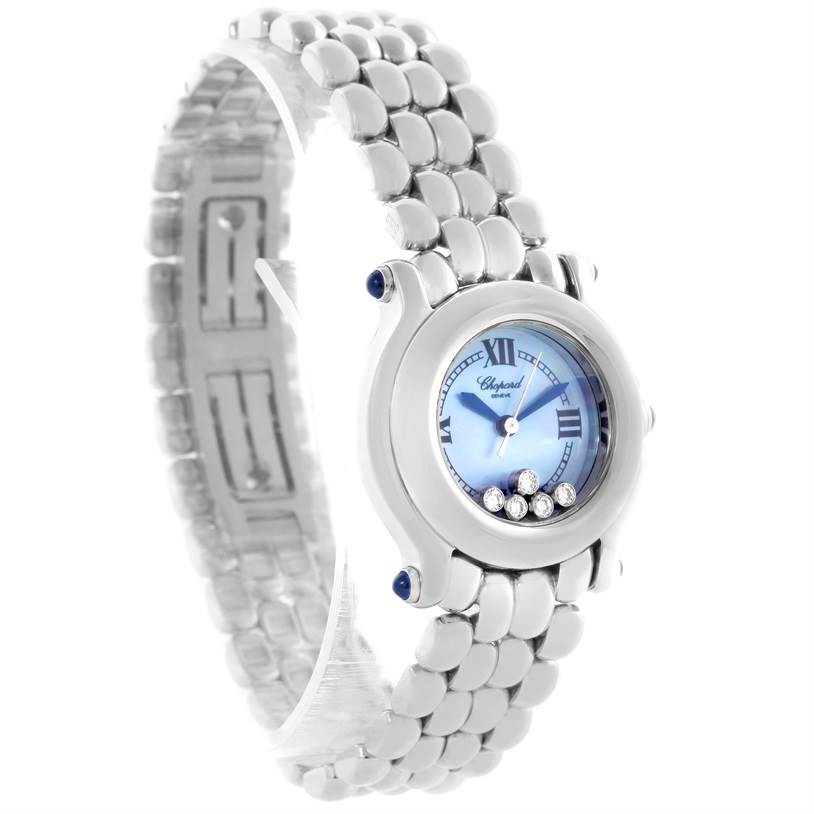 The image shows a side angle of the Chopard 27/8250-23 Women's Stainless Steel Mother of Pearl Dial 27/8250-23 Women's Stainless Steel Mother of Pearl Dial Happy Sport Bleu Dial 5 Floating Diamonds Watch 27/8250-23, highlighting the dial and bracelet.