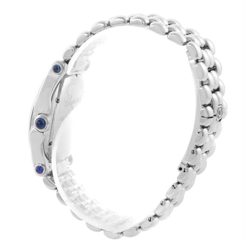 The image shows a side view of the Chopard 278236-3005 Women's Stainless Steel White Dial 278236-3005 Women's Stainless Steel White Dial Happy Sport White Dial Floating Diamond Watch 278236-3005, focusing on its bracelet and crown.