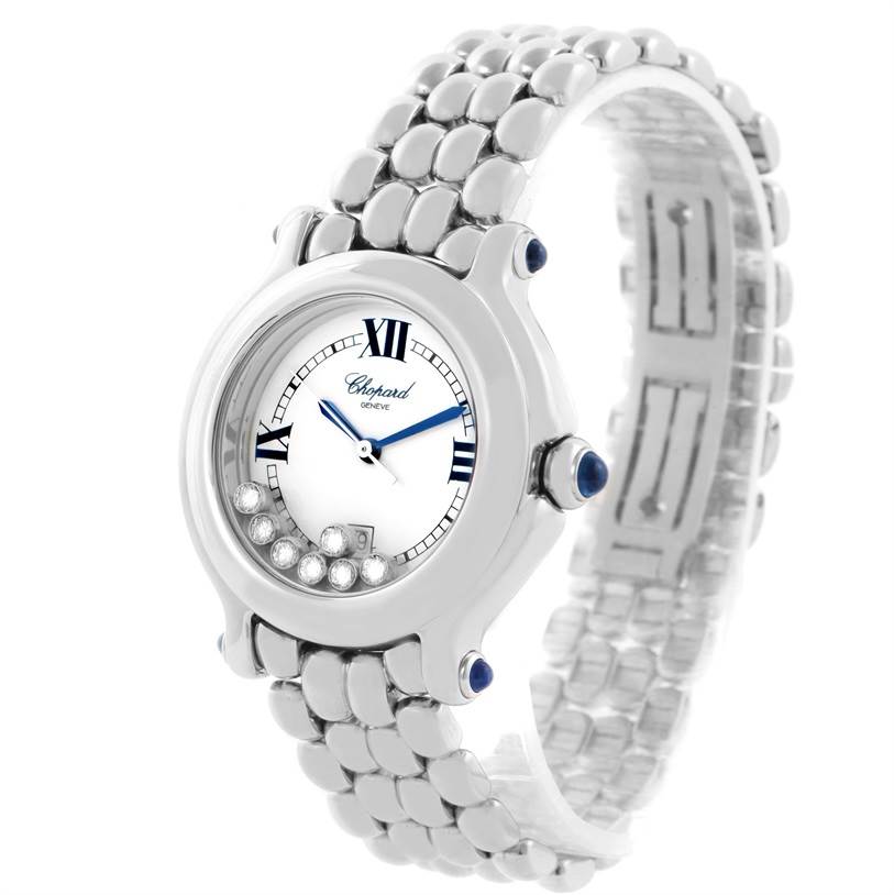 The Chopard 278236-3005 Women's Stainless Steel White Dial 278236-3005 Women's Stainless Steel White Dial Happy Sport 278236-3005 watch is displayed at an angled view, showcasing the white dial, floating diamonds, bezel, and metallic strap.
