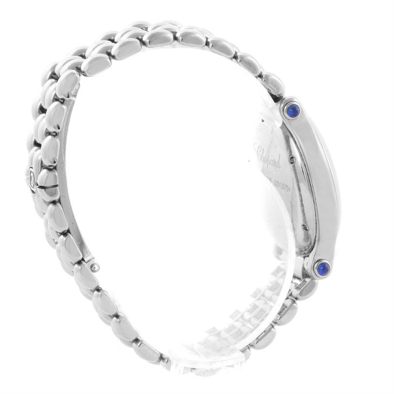 The image shows the side profile view of the Chopard 278236-3005 Women's Stainless Steel White Dial 278236-3005 Women's Stainless Steel White Dial Happy Sport White Dial Floating Diamond Watch 278236-3005, focusing on the bracelet and case.