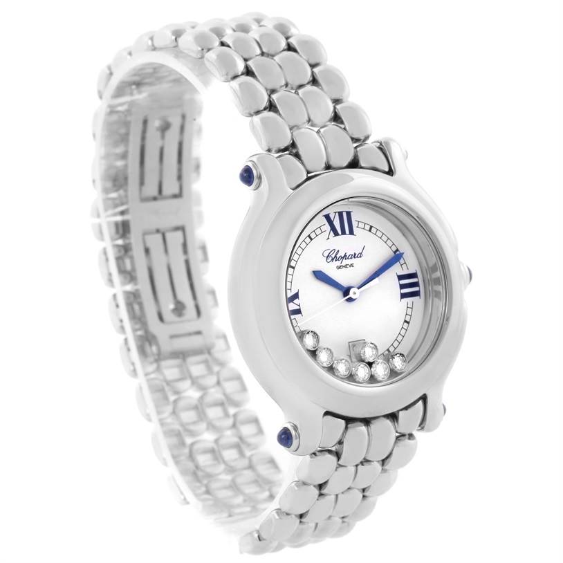 The Chopard 278236-3005 Women's Stainless Steel White Dial 278236-3005 Women's Stainless Steel White Dial Happy Sport White Dial Floating Diamond Watch 278236-3005 is shown at a 3/4 angle, highlighting its dial, bracelet, and scattered diamonds.