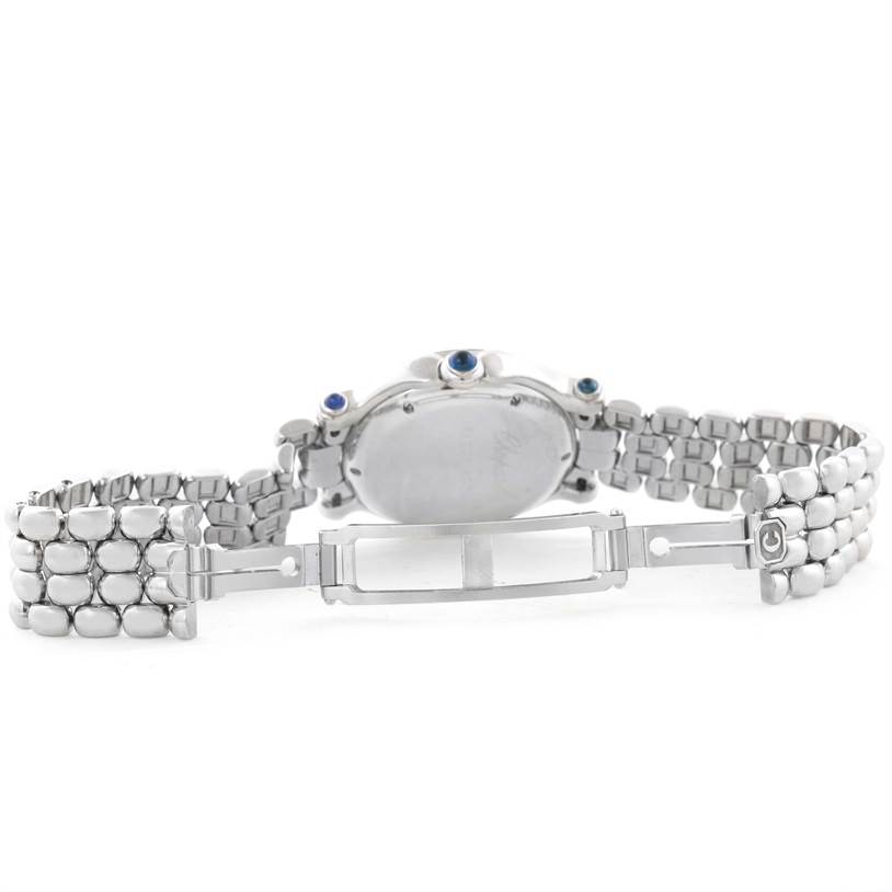 The image shows the open clasp and back side of a Chopard 278236-3005 Women's Stainless Steel White Dial 278236-3005 Women's Stainless Steel White Dial Happy Sport White Dial Floating Diamond Watch, model 278236-3005.