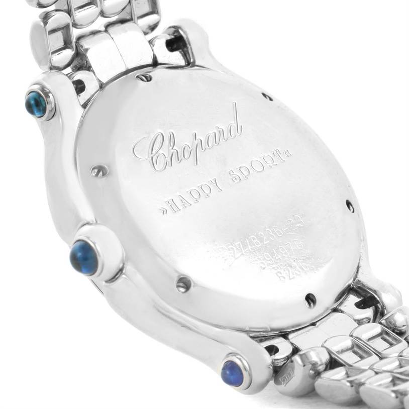 The image shows the back case and part of the bracelet of the Chopard 278236-3005 Women's Stainless Steel White Dial 278236-3005 Women's Stainless Steel White Dial Happy Sport White Dial Floating Diamond Watch model 278236-3005.
