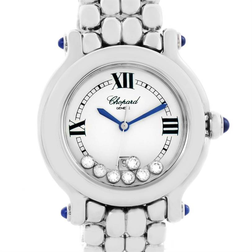The image shows a front view of the Chopard 278236-3005 Women's Stainless Steel White Dial 278236-3005 Women's Stainless Steel White Dial Happy Sport White Dial Floating Diamond Watch (model 278236-3005).