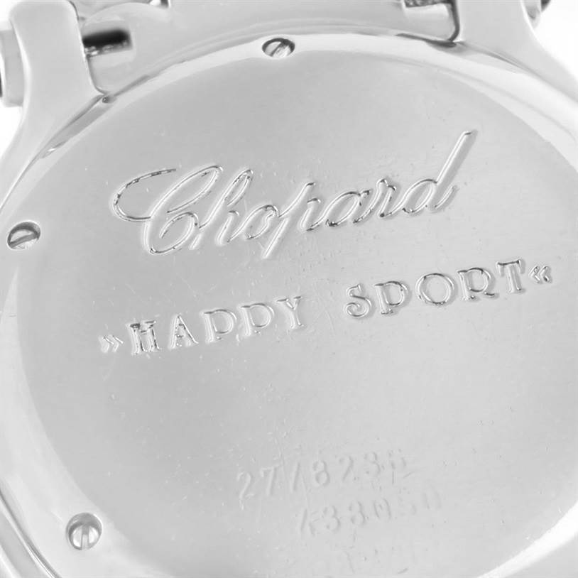 The image shows the back casing of a Chopard 278236-3005 Women's Stainless Steel White Dial 278236-3005 Women's Stainless Steel White Dial Happy Sport White Dial Floating Diamond Watch 278236-3005 model.