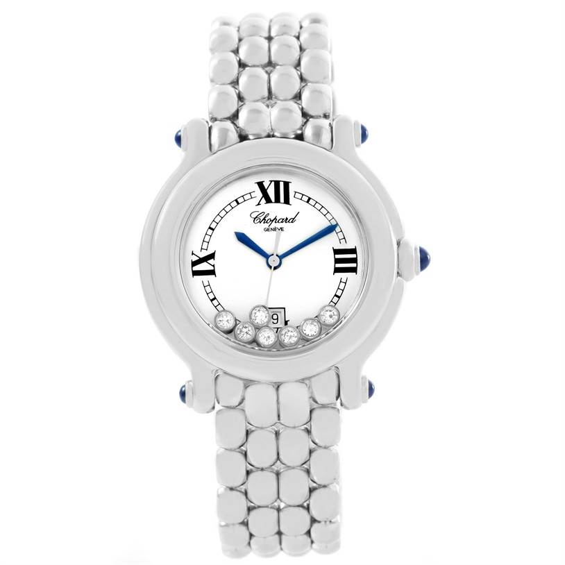 The image shows a frontal view of the Chopard 278236-3005 Women's Stainless Steel White Dial 278236-3005 Women's Stainless Steel White Dial Happy Sport White Dial Floating Diamond Watch, model 278236-3005.