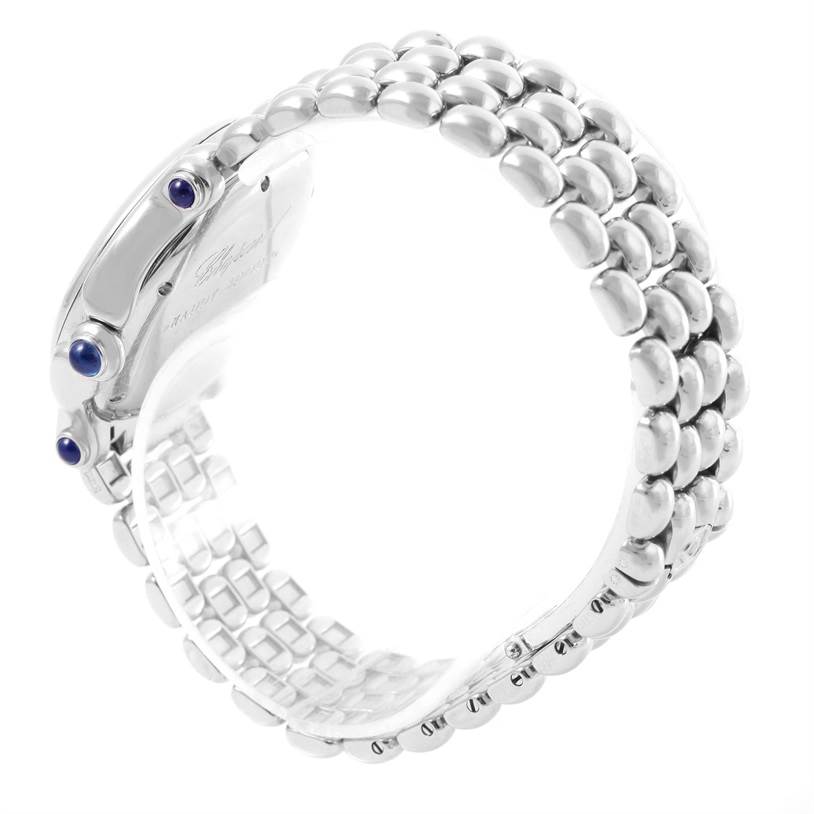 The image shows the side and part of the bracelet of the Chopard 278236-3005 Women's Stainless Steel White Dial 278236-3005 Women's Stainless Steel White Dial Happy Sport White Dial Floating Diamond Watch 278236-3005.
