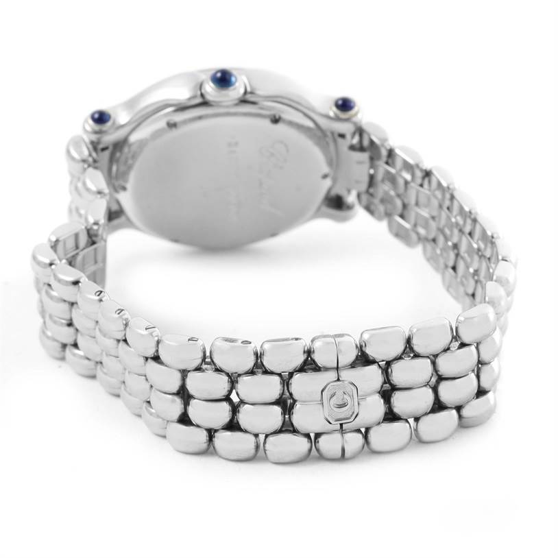 This image shows the rear side and bracelet of the Chopard 278236-3005 Women's Stainless Steel White Dial 278236-3005 Women's Stainless Steel White Dial Happy Sport White Dial Floating Diamond Watch model 278236-3005.