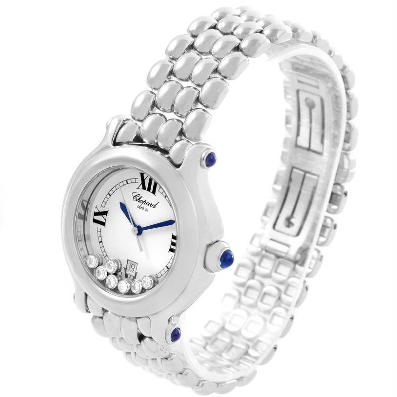 The Chopard 278236-3005 Women's Stainless Steel White Dial 278236-3005 Women's Stainless Steel White Dial Happy Sport White Dial Floating Diamond Watch 278236-3005 is shown from an angled view, displaying the face, bracelet, and diamond details.