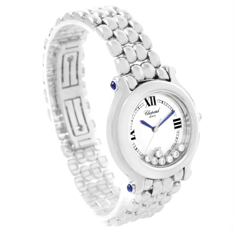 The image shows a Chopard 278236-3005 Women's Stainless Steel White Dial 278236-3005 Women's Stainless Steel White Dial Happy Sport White Dial Floating Diamond Watch 278236-3005 at an elevated angle, highlighting its dial, bracelet, and floating diamonds.