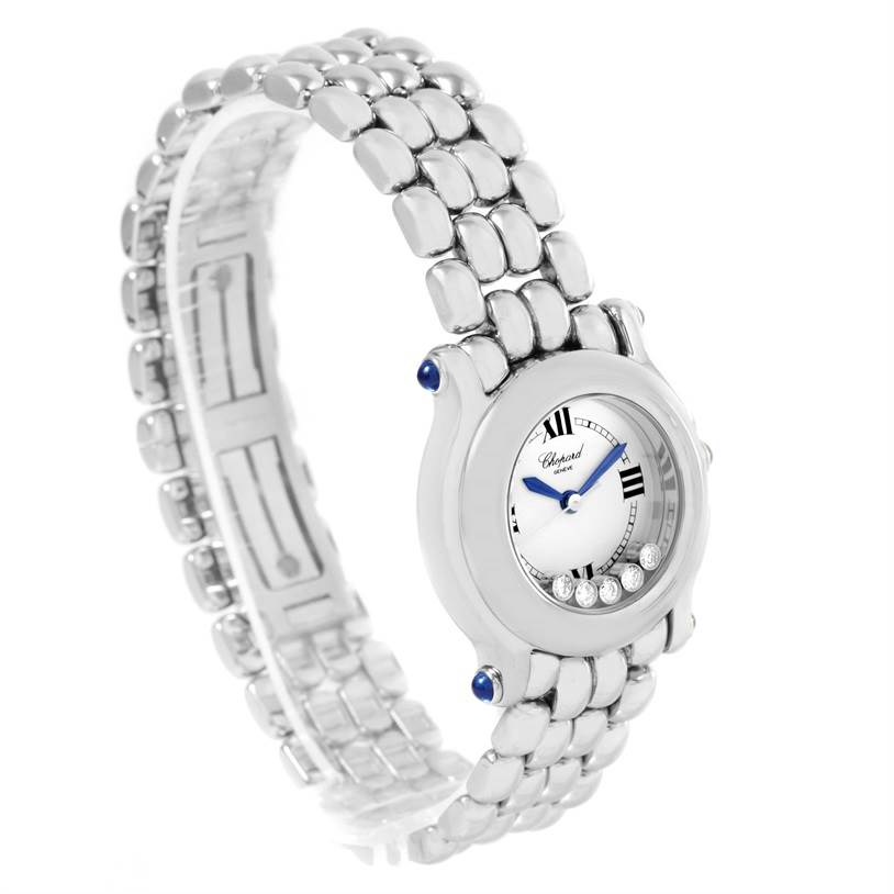 The image shows a side-angle view of a Chopard 27/8250-23 Women's Stainless Steel White Dial 27/8250-23 Women's Stainless Steel White Dial Happy Sport 27/8250-23 watch with a white dial and 5 floating diamonds.