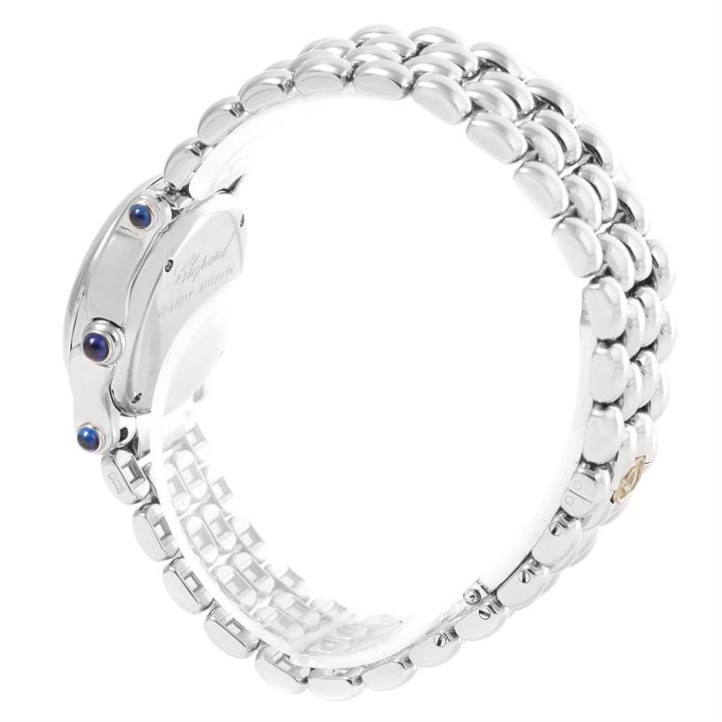 This is a side view of the band and clasp of a Chopard 27/8250-23 Women's Stainless Steel White Dial 27/8250-23 Women's Stainless Steel White Dial Happy Sport White Dial 5 Floating Diamonds Watch 27/8250-23 model.