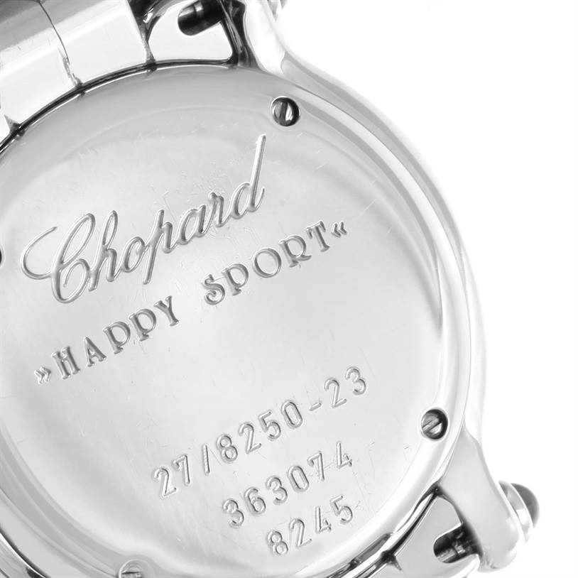 The image shows the back case of the Chopard 27/8250-23 Women's Stainless Steel White Dial 27/8250-23 Women's Stainless Steel White Dial Happy Sport watch, model 27/8250-23.