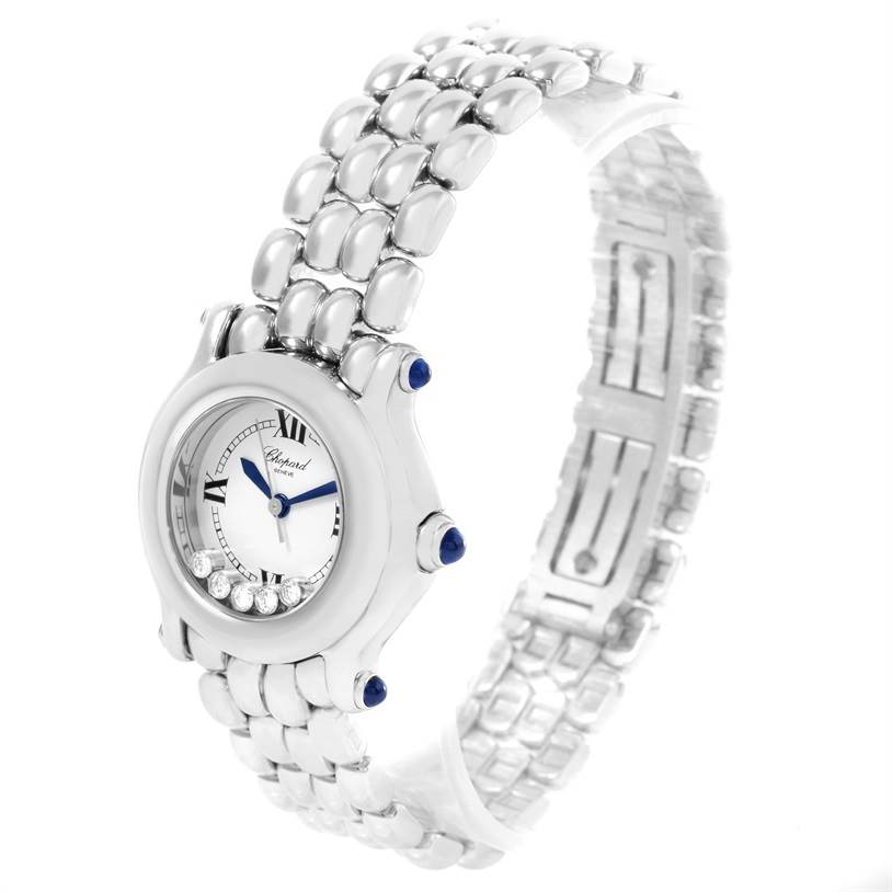 The image shows a side and angled view of the Chopard 27/8250-23 Women's Stainless Steel White Dial 27/8250-23 Women's Stainless Steel White Dial Happy Sport model 27/8250-23, highlighting the watch face, band, and 5 floating diamonds.