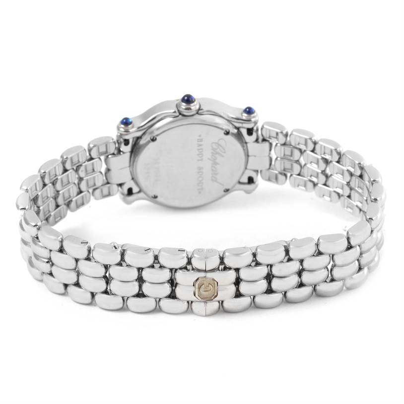 The image shows the backside and bracelet of a Chopard 27/8250-23 Women's Stainless Steel White Dial 27/8250-23 Women's Stainless Steel White Dial Happy Sport White Dial 5 Floating Diamonds Watch, model 27/8250-23.