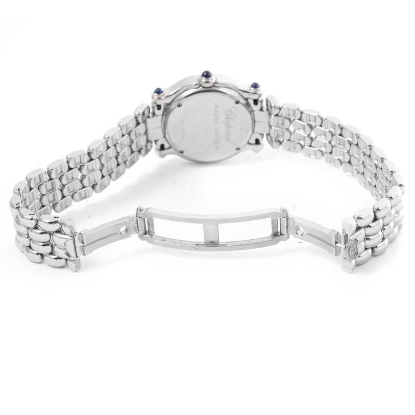 The image shows the back case and open bracelet of the Chopard 27/8250-23 Women's Stainless Steel White Dial 27/8250-23 Women's Stainless Steel White Dial Happy Sport White Dial 5 Floating Diamonds Watch 27/8250-23.