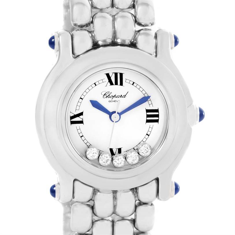The image shows a front view of the Chopard 27/8250-23 Women's Stainless Steel White Dial 27/8250-23 Women's Stainless Steel White Dial Happy Sport White Dial 5 Floating Diamonds Watch 27/8250-23.