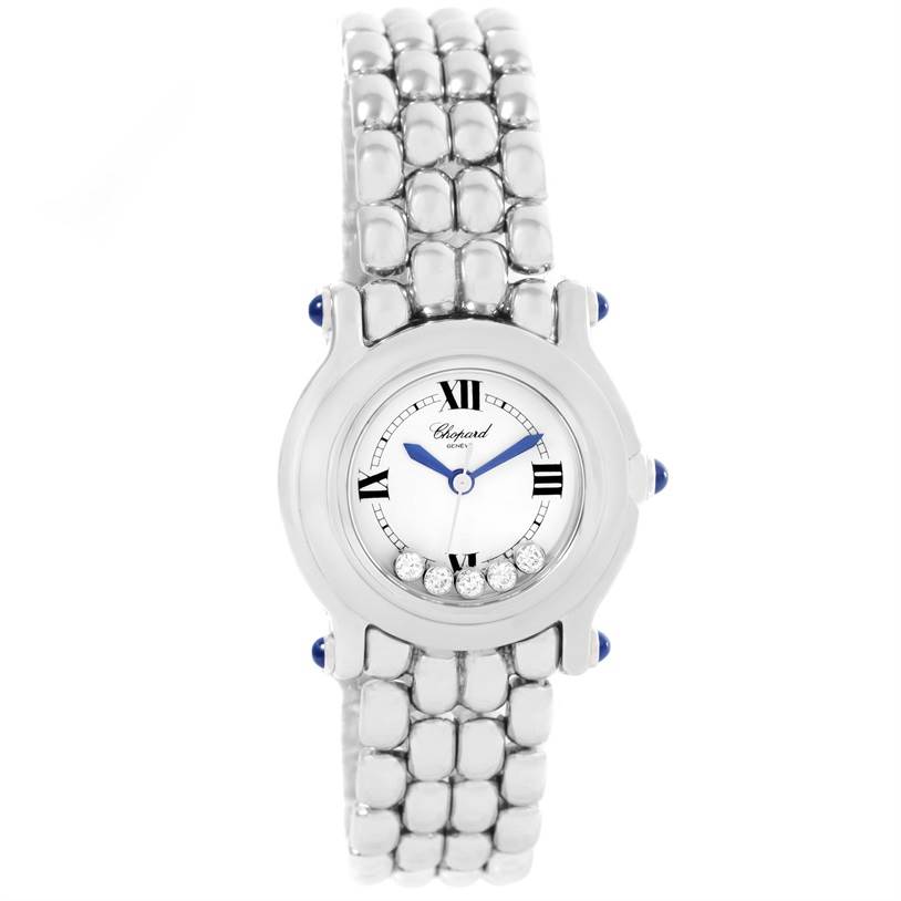 This is a frontal view of the Chopard 27/8250-23 Women's Stainless Steel White Dial 27/8250-23 Women's Stainless Steel White Dial Happy Sport White Dial 5 Floating Diamonds Watch model 27/8250-23, displaying the dial, case, and bracelet.
