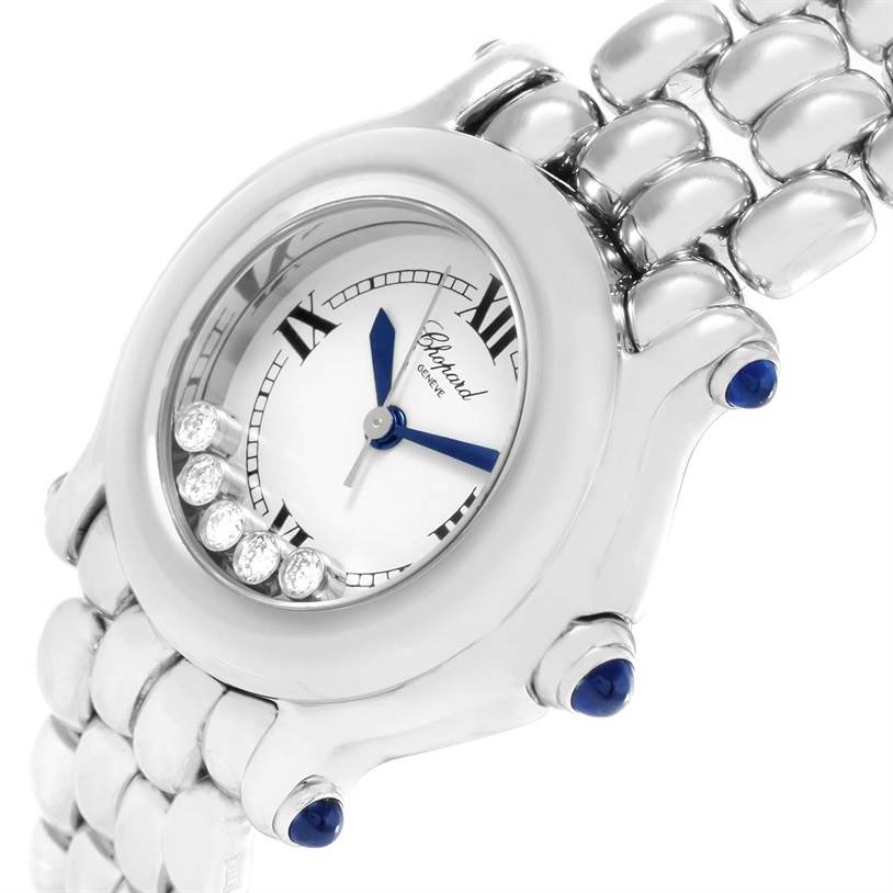 The image shows a close-up angled view of the Chopard 27/8250-23 Women's Stainless Steel White Dial 27/8250-23 Women's Stainless Steel White Dial Happy Sport White Dial 5 Floating Diamonds Watch 27/8250-23, highlighting its dial and part of the strap.