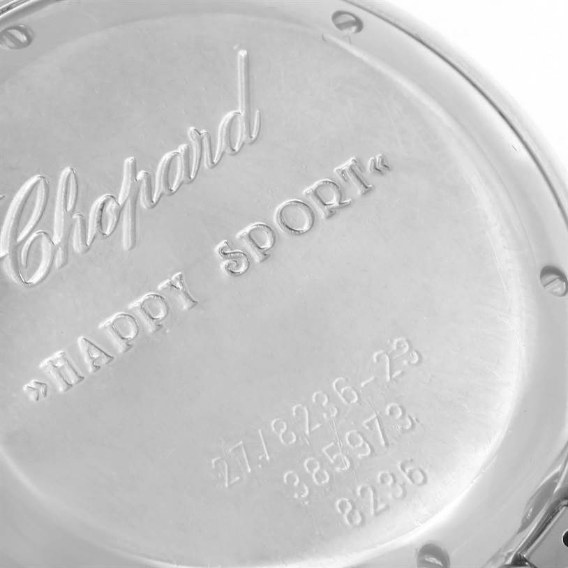 The image shows the back of the Chopard 278236-3005 Women's Stainless Steel White Dial 278236-3005 Women's Stainless Steel White Dial Happy Sport Floating Diamond Stainless Steel Watch model 278236-3005.