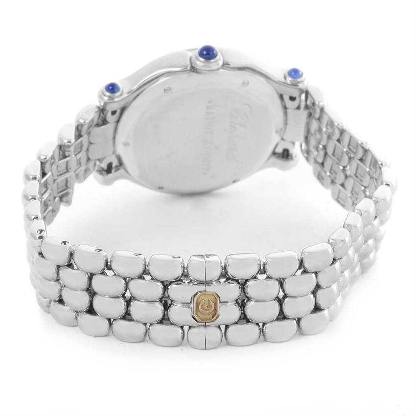 This is a rear view of the Chopard 278236-3005 Women's Stainless Steel White Dial 278236-3005 Women's Stainless Steel White Dial Happy Sport Floating Diamond Stainless Steel Watch 278236-3005, showing the back case and bracelet.