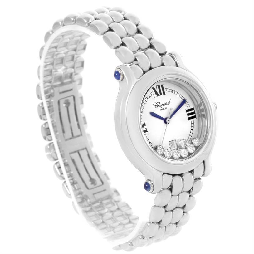 The image shows a Chopard 278236-3005 Women's Stainless Steel White Dial 278236-3005 Women's Stainless Steel White Dial Happy Sport Floating Diamond Stainless Steel Watch 278236-3005 from a three-quarter angled view, highlighting the face and bracelet.
