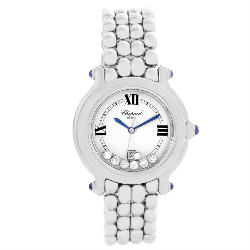 The image shows a front view of the Chopard 278236-3005 Women's Stainless Steel White Dial 278236-3005 Women's Stainless Steel White Dial Happy Sport Floating Diamond Stainless Steel Watch model 278236-3005.