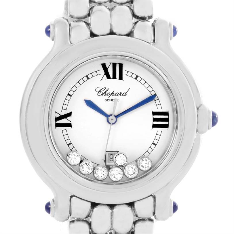 This is a front view of the Chopard 278236-3005 Women's Stainless Steel White Dial 278236-3005 Women's Stainless Steel White Dial Happy Sport Floating Diamond Stainless Steel Watch, model 278236-3005, showing the face, bezel, and part of the bracelet.