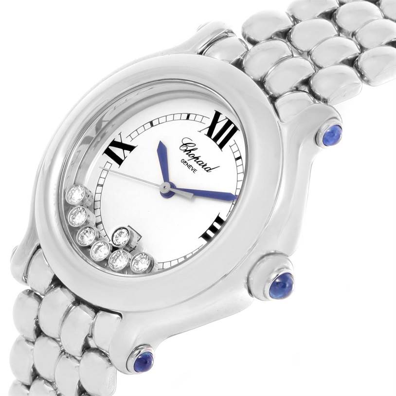 The image shows a close-up of the Chopard 278236-3005 Women's Stainless Steel White Dial 278236-3005 Women's Stainless Steel White Dial Happy Sport Floating Diamond Stainless Steel Watch 278236-3005 highlighting its face and bracelet.