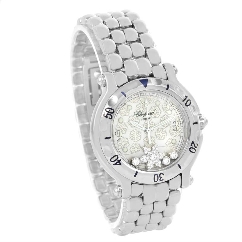 The image shows a Chopard 27/8949 Women's Stainless Steel White Dial 27/8949 Women's Stainless Steel White Dial Happy Sport Snowflake Floating Diamonds Watch model 27/8949 from a front angle, highlighting the dial, bezel, and bracelet.