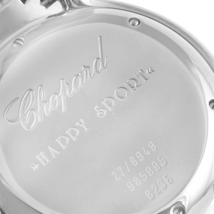 The image shows the back case of the Chopard 27/8949 Women's Stainless Steel White Dial 27/8949 Women's Stainless Steel White Dial Happy Sport Snowflake Floating Diamonds Watch, model 27/8949.