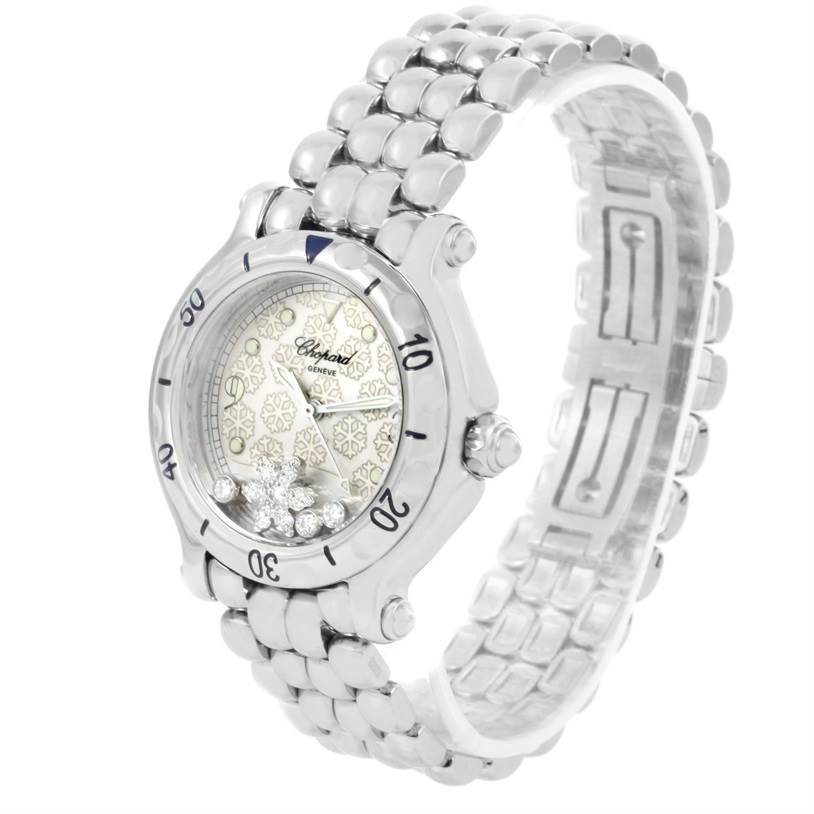 The image shows a front angle of the Chopard 27/8949 Women's Stainless Steel White Dial 27/8949 Women's Stainless Steel White Dial Happy Sport Snowflake Floating Diamonds Watch 27/8949, highlighting the face and bracelet.