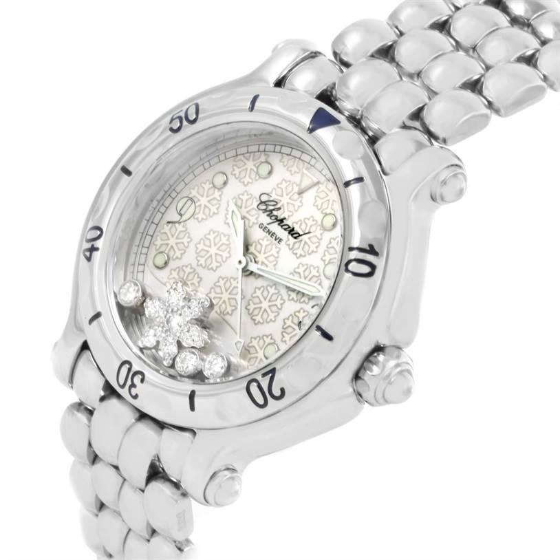 The Chopard 27/8949 Women's Stainless Steel White Dial 27/8949 Women's Stainless Steel White Dial Happy Sport Snowflake Floating Diamonds Watch 27/8949 is shown at an oblique angle, displaying the face, bezel, and part of the bracelet.