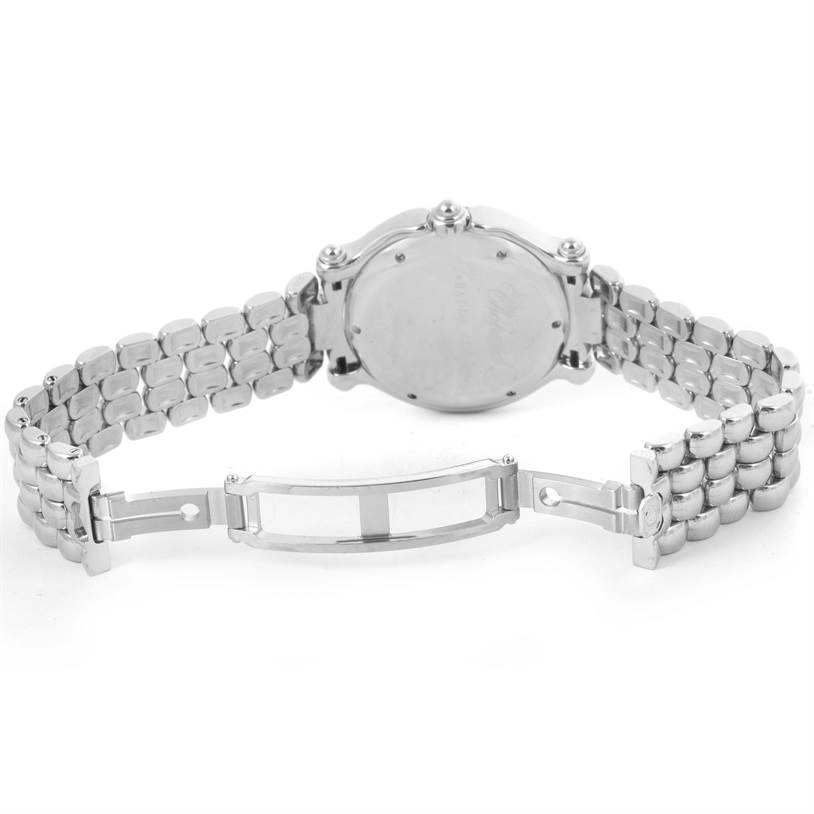 The image shows the back and open clasp of the Chopard 27/8949 Women's Stainless Steel White Dial 27/8949 Women's Stainless Steel White Dial Happy Sport Snowflake Floating Diamonds Watch 27/8949.
