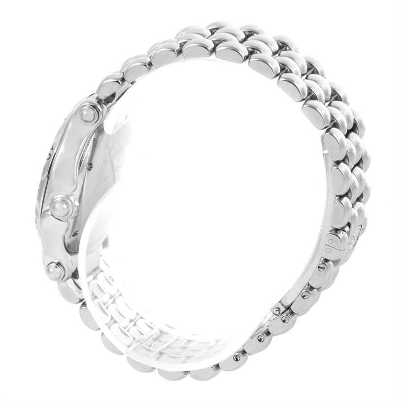 The image shows a side view of the bracelet and caseback of the Chopard 27/8949 Women's Stainless Steel White Dial 27/8949 Women's Stainless Steel White Dial Happy Sport Snowflake Floating Diamonds Watch 27/8949 model.