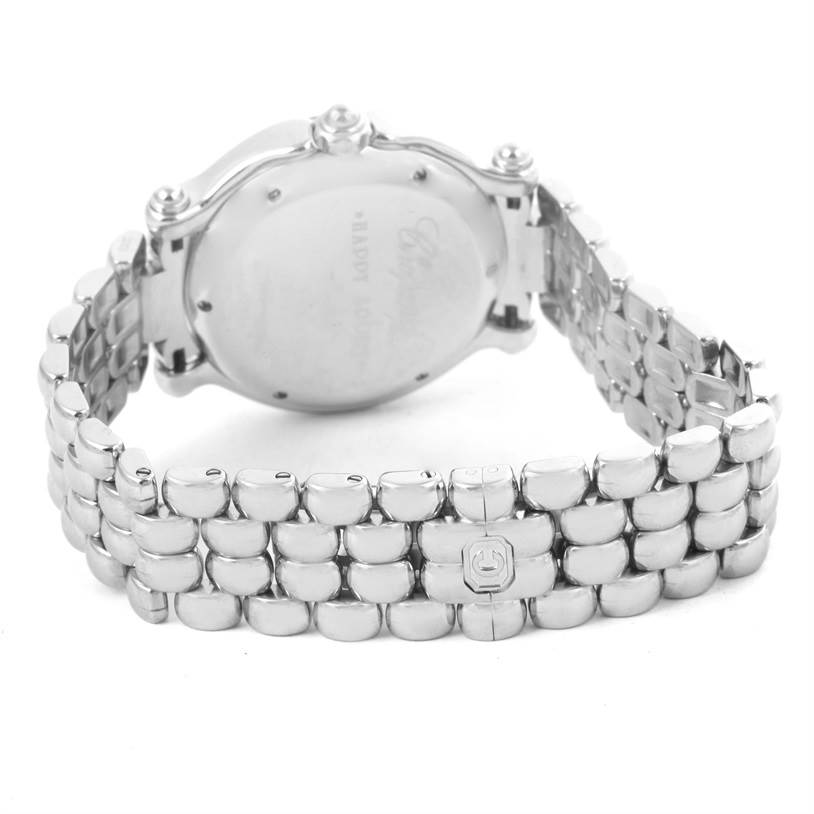 The image shows the back view of the Chopard 27/8949 Women's Stainless Steel White Dial 27/8949 Women's Stainless Steel White Dial Happy Sport Snowflake Floating Diamonds Watch 27/8949 model, highlighting the case back and bracelet.