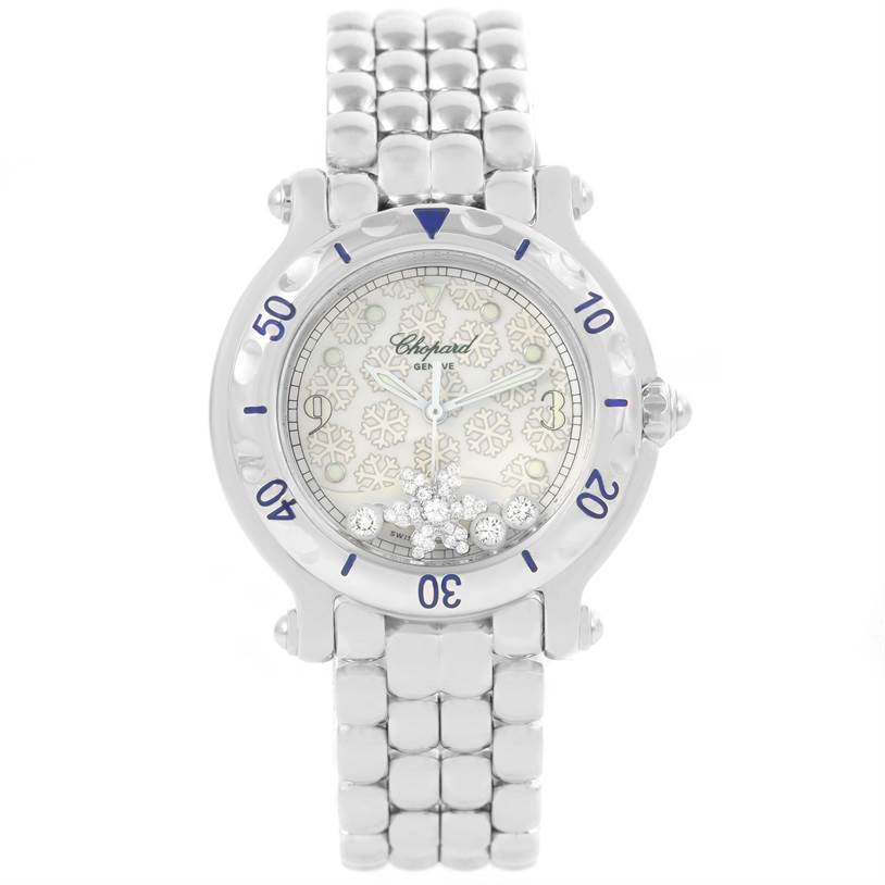 The Chopard 27/8949 Women's Stainless Steel White Dial 27/8949 Women's Stainless Steel White Dial Happy Sport Snowflake Floating Diamonds Watch 27/8949 model is shown from a front angle, displaying its face and bracelet.