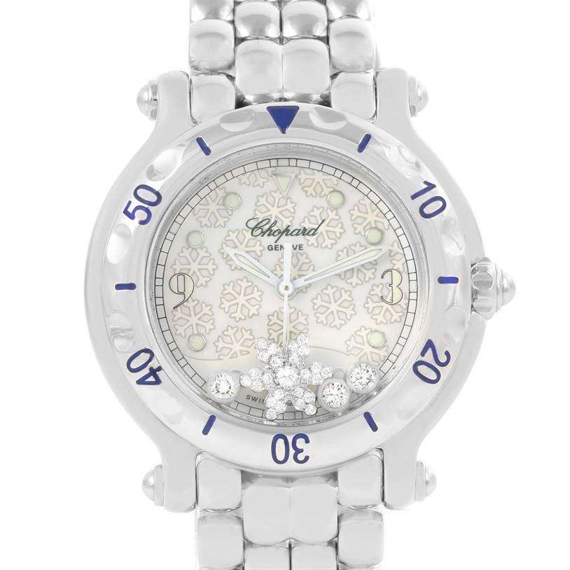 The Happy Sport Snowflake Floating Diamonds Watch 27/8949 by Chopard 27/8949 Women's Stainless Steel White Dial 27/8949 Women's Stainless Steel White Dial is shown from a front angle highlighting the dial and bracelet.