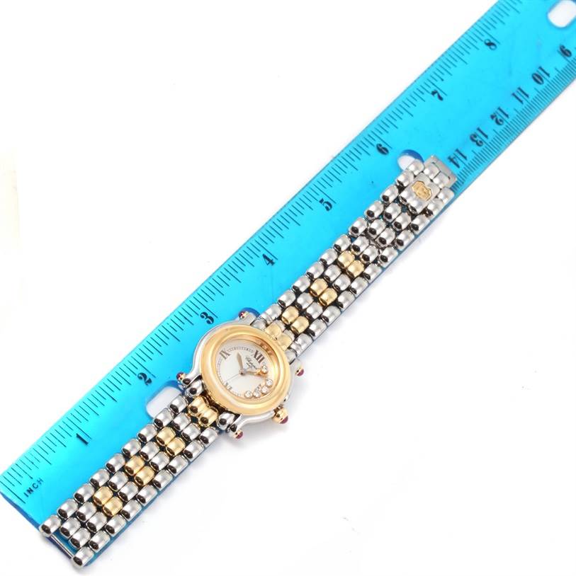 The image shows a top view of the Chopard 27/8278 Women's Steel and Gold (two tone) White Dial 27/8278 Women's Steel and Gold (two tone) White Dial Happy Sport Steel Yellow Gold Floating Diamonds Watch 27/8278, positioned next to a ruler.
