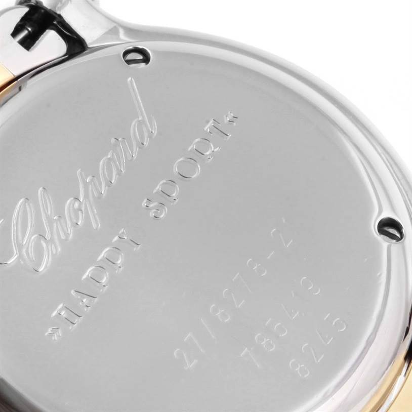 The image shows the back case of a Chopard 27/8278 Women's Steel and Gold (two tone) White Dial 27/8278 Women's Steel and Gold (two tone) White Dial Happy Sport Steel Yellow Gold Floating Diamonds Watch, model 27/8278.