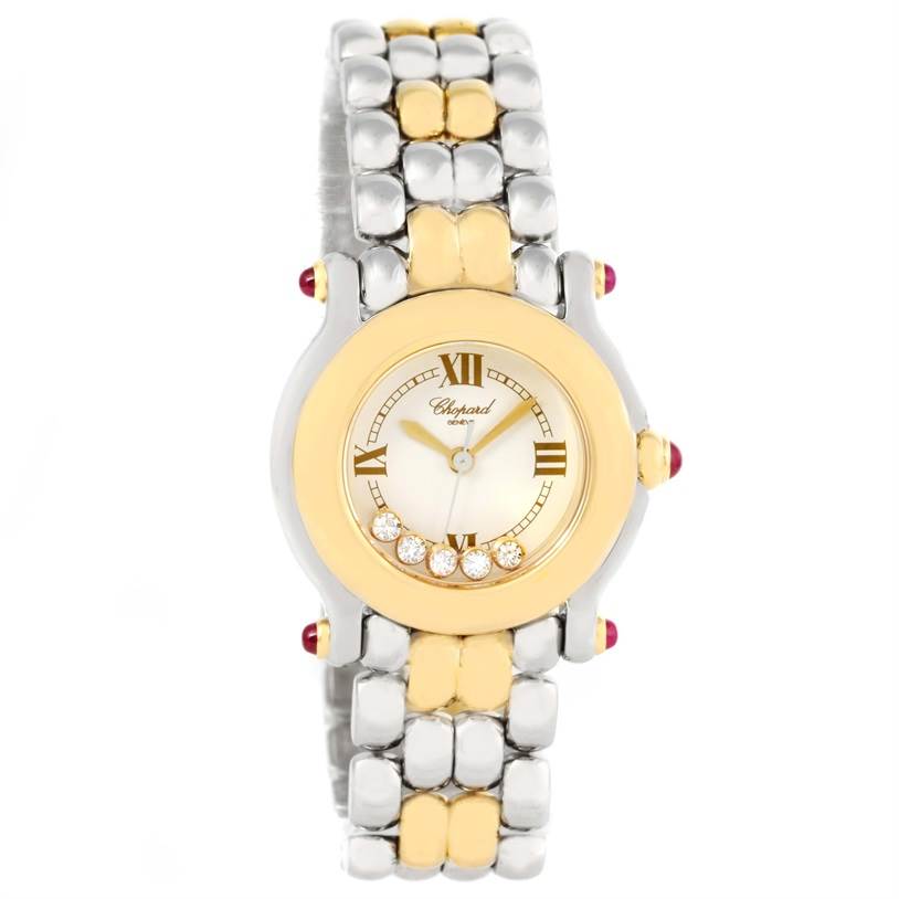 The Chopard 27/8278 Women's Steel and Gold (two tone) White Dial 27/8278 Women's Steel and Gold (two tone) White Dial Happy Sport Steel Yellow Gold Floating Diamonds Watch 27/8278 is shown from a straight-on angle, displaying the face and part of the bracelet.