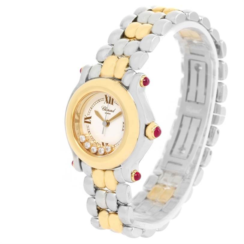 The image shows a Chopard 27/8278 Women's Steel and Gold (two tone) White Dial 27/8278 Women's Steel and Gold (two tone) White Dial Happy Sport Steel Yellow Gold Floating Diamonds Watch 27/8278 from a front-side angle, displaying the face and partial bracelet.