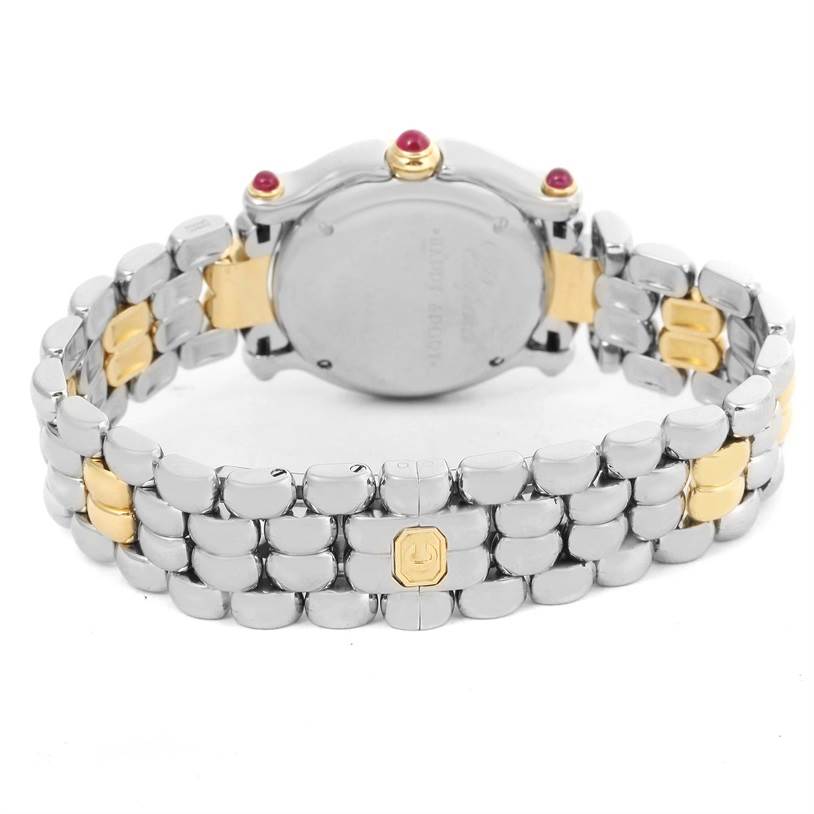 This is a rear angle view of the Chopard 27/8278 Women's Steel and Gold (two tone) White Dial 27/8278 Women's Steel and Gold (two tone) White Dial Happy Sport Steel Yellow Gold Floating Diamonds Watch 27/8278, focusing on the bracelet and case back.