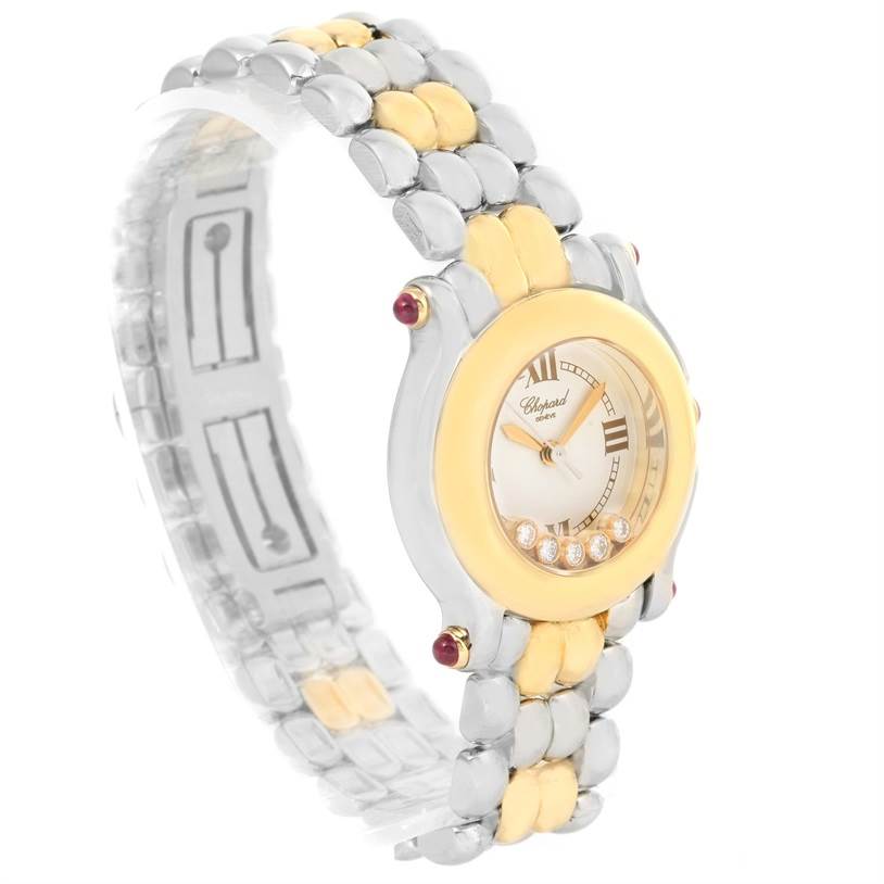 The image shows a side-angle view of a Chopard 27/8278 Women's Steel and Gold (two tone) White Dial 27/8278 Women's Steel and Gold (two tone) White Dial Happy Sport Steel Yellow Gold Floating Diamonds Watch 27/8278 model, highlighting the bracelet and face.