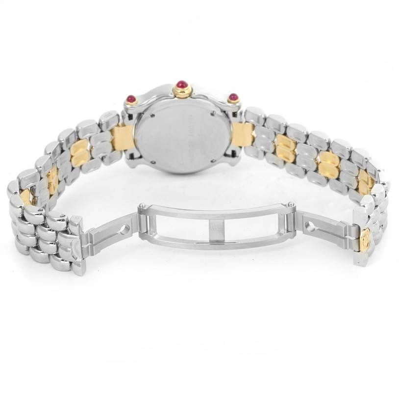 The image shows the back view and open clasp of the Chopard 27/8278 Women's Steel and Gold (two tone) White Dial 27/8278 Women's Steel and Gold (two tone) White Dial Happy Sport Steel Yellow Gold Floating Diamonds Watch 27/8278 model.
