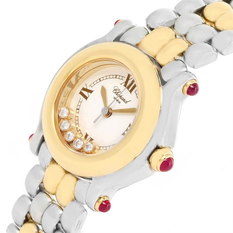 The image shows a front angled view of the Chopard 27/8278 Women's Steel and Gold (two tone) White Dial 27/8278 Women's Steel and Gold (two tone) White Dial Happy Sport Steel Yellow Gold Floating Diamonds Watch 27/8278 model, highlighting its face and bracelet.