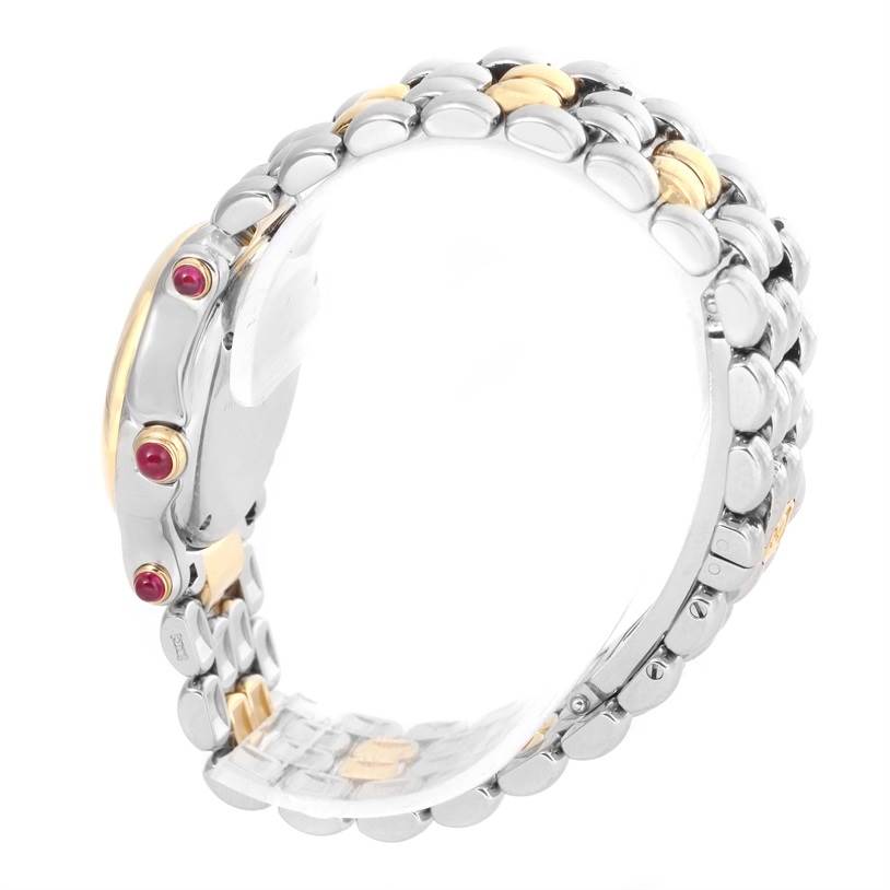 This side-angle view of the Chopard 27/8278 Women's Steel and Gold (two tone) White Dial 27/8278 Women's Steel and Gold (two tone) White Dial Happy Sport Steel Yellow Gold Floating Diamonds Watch 27/8278 shows the bracelet and side profile.