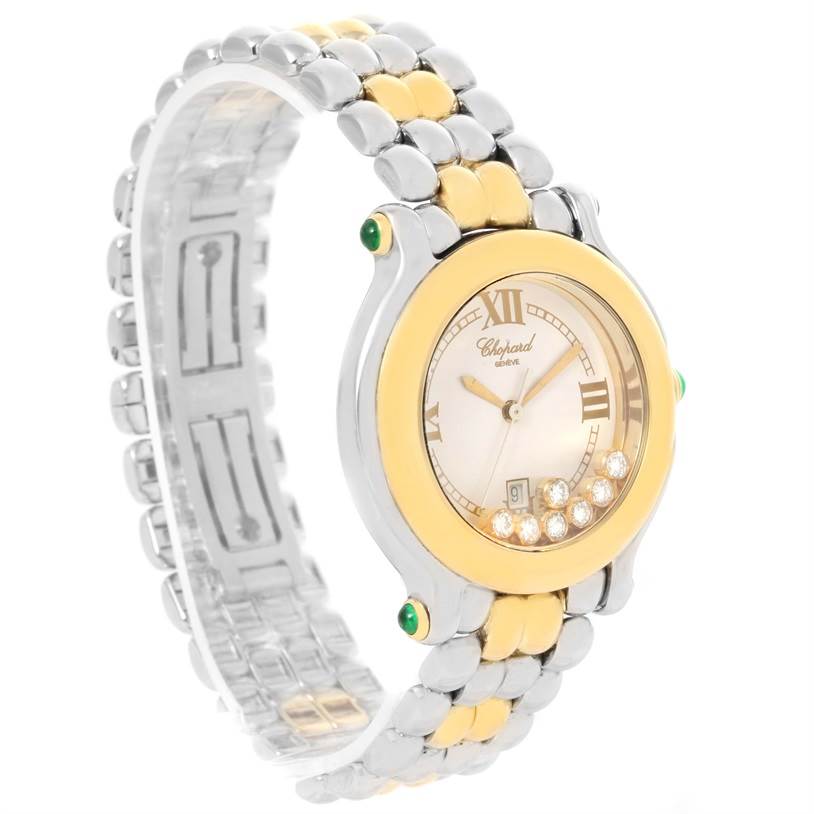 The image shows a Chopard 27/8276-22 Women's Steel and Gold (two tone) White Dial 27/8276-22 Women's Steel and Gold (two tone) White Dial Happy Sport Floating Diamond Gold and Steel Watch 27/8276-22, angled to display its face and dual-tone band.