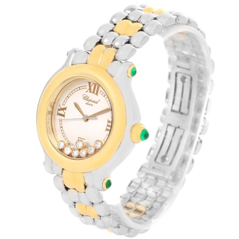 The image shows a three-quarter view of the Chopard 27/8276-22 Women's Steel and Gold (two tone) White Dial 27/8276-22 Women's Steel and Gold (two tone) White Dial Happy Sport Floating Diamond Gold and Steel Watch 27/8276-22, highlighting the dial and bracelet.